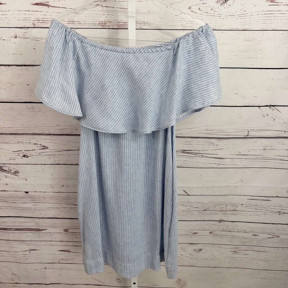 7 For All Mankind Off the Shoulder Light Blue & White Striped Mini Dress Medium - Picture 2 of 9